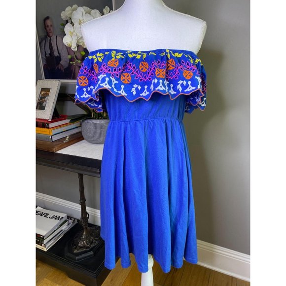 ASOS Embroidered Off Shoulder Mini Dress Blue 6 - Picture 5 of 9